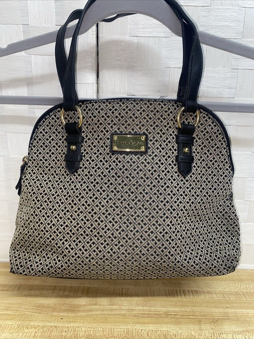 Tommy Hilfiger Monogram Signature Bag Satchel Canvas Black & Tan Purse